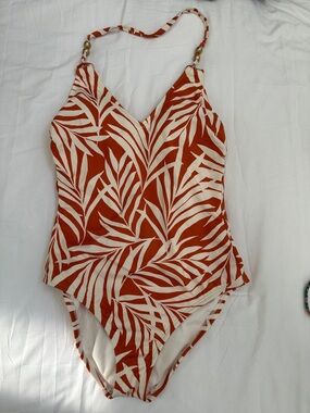 Shade & Shore Orange and Cream Leaf-Print One-Piece Swimsuit